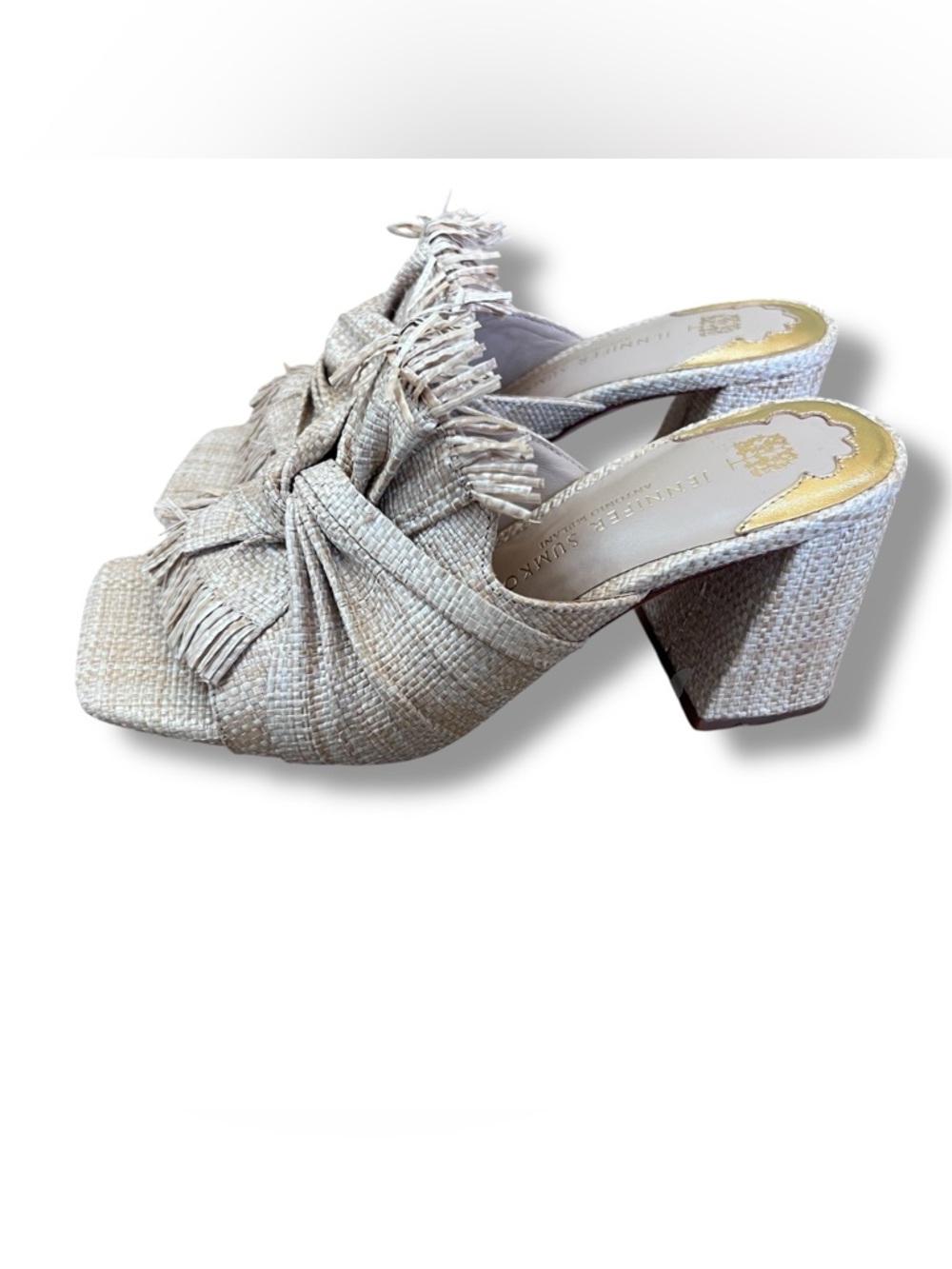 ANTONIO MELANI Natural Raffia Knot Fringe Mule Heels Size: 6M tan - Picture 3 of 8